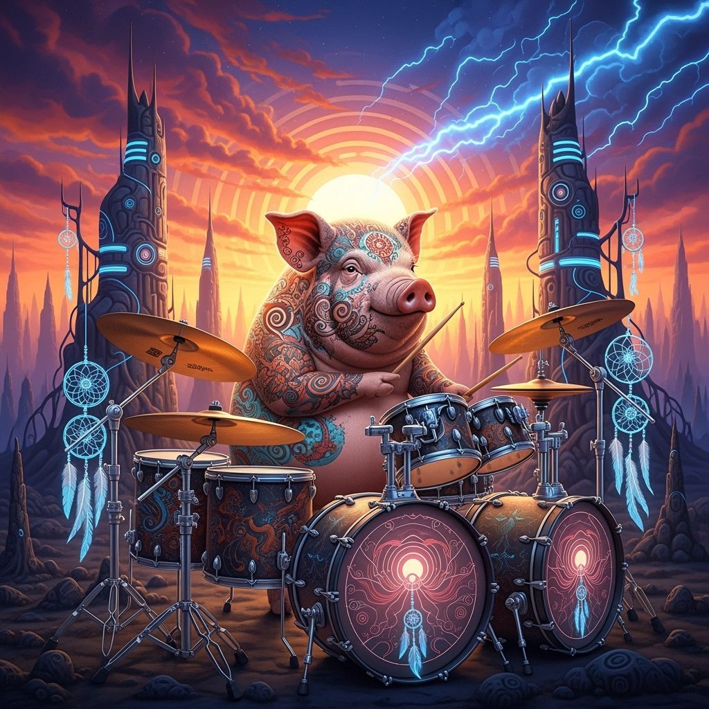Psychedelic Tattooed Pig Plays Drums in Surreal Landscape