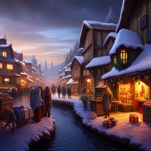 Charming Christmas Fair in Small Town: Digital Art
