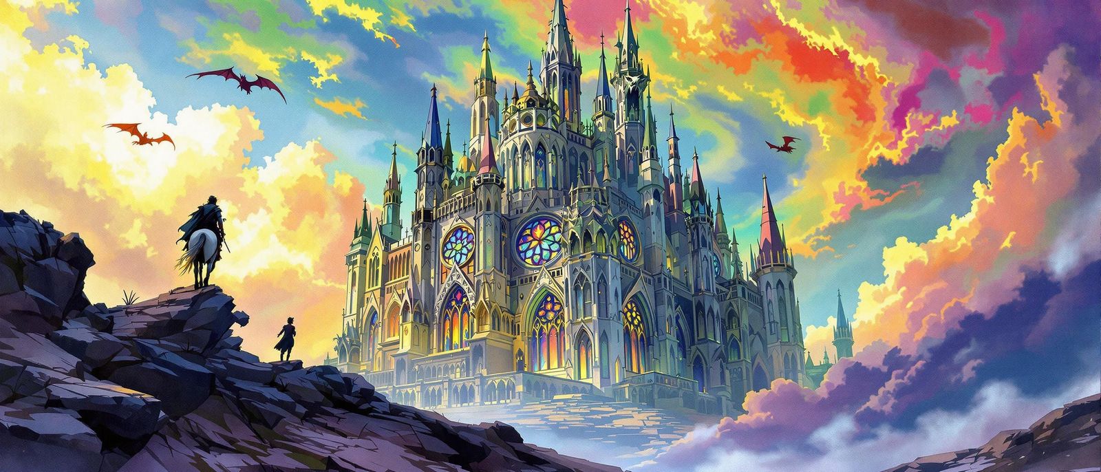 Gothic Cathedral with Rider in Fantasy Landscape