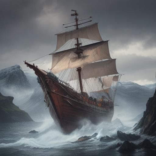 Viking Ship Sails Fjord: Hyperrealistic Splash Art