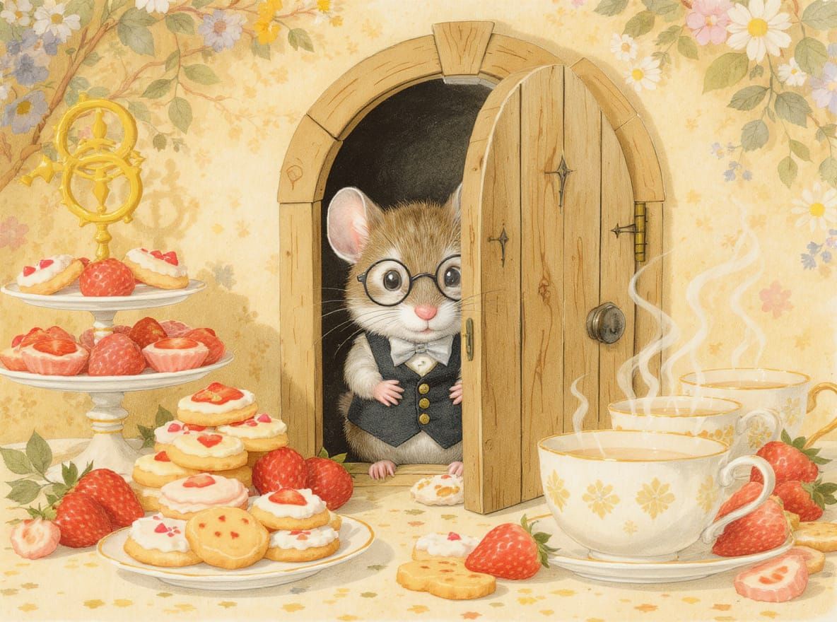 A shy little mouse peeks out of his door, a table with vario...