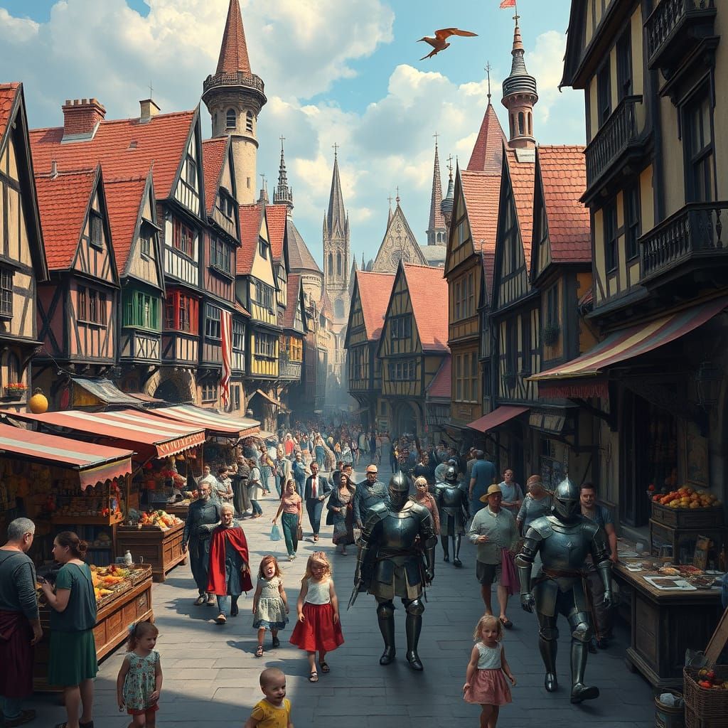 Surreal Medieval City Marketplace in Classical Style