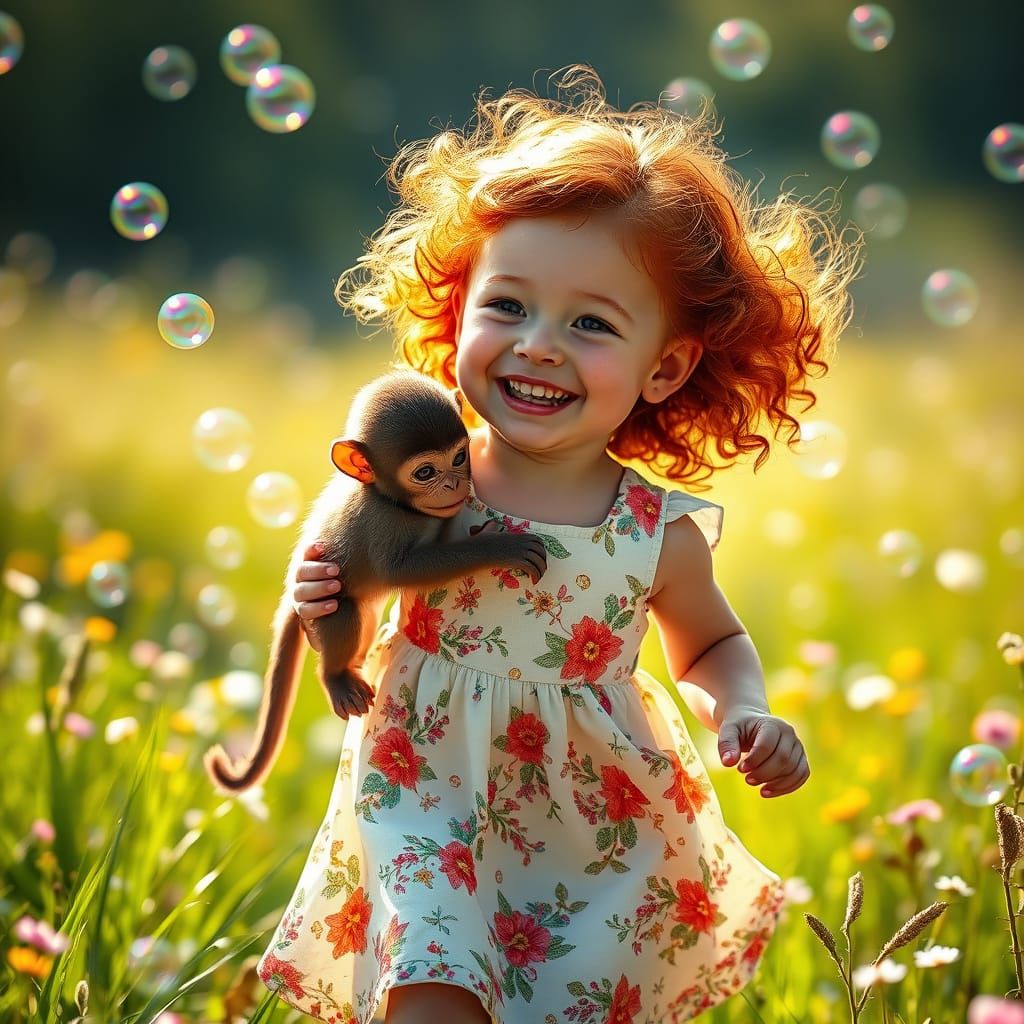 Joyful Redheaded Girl in Floral Sundress with Baby Monkey in...