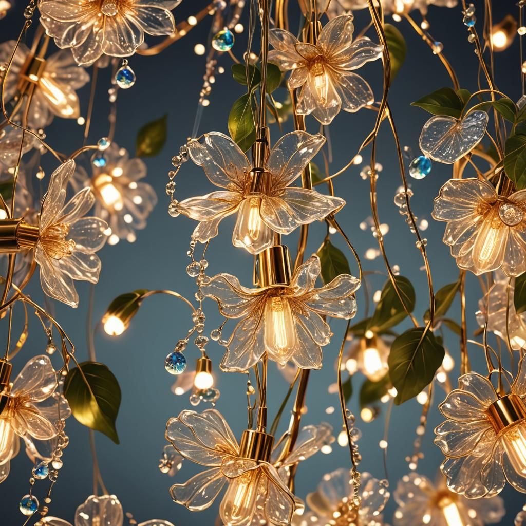 Wildflower Hanging Lamp with Dewdrops, Hyperrealistic Digita...