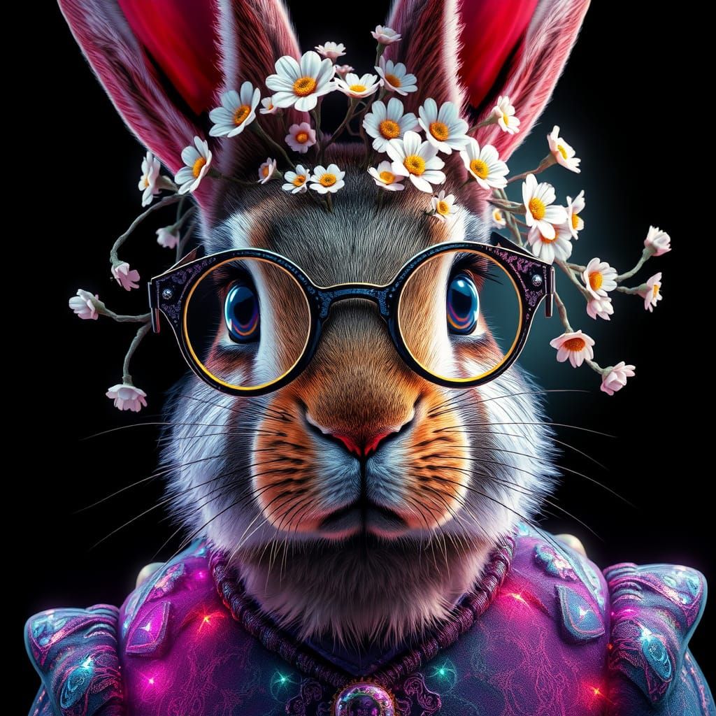 Ethereal Easter Bunny Portrait in Vibrant Steampunk Style