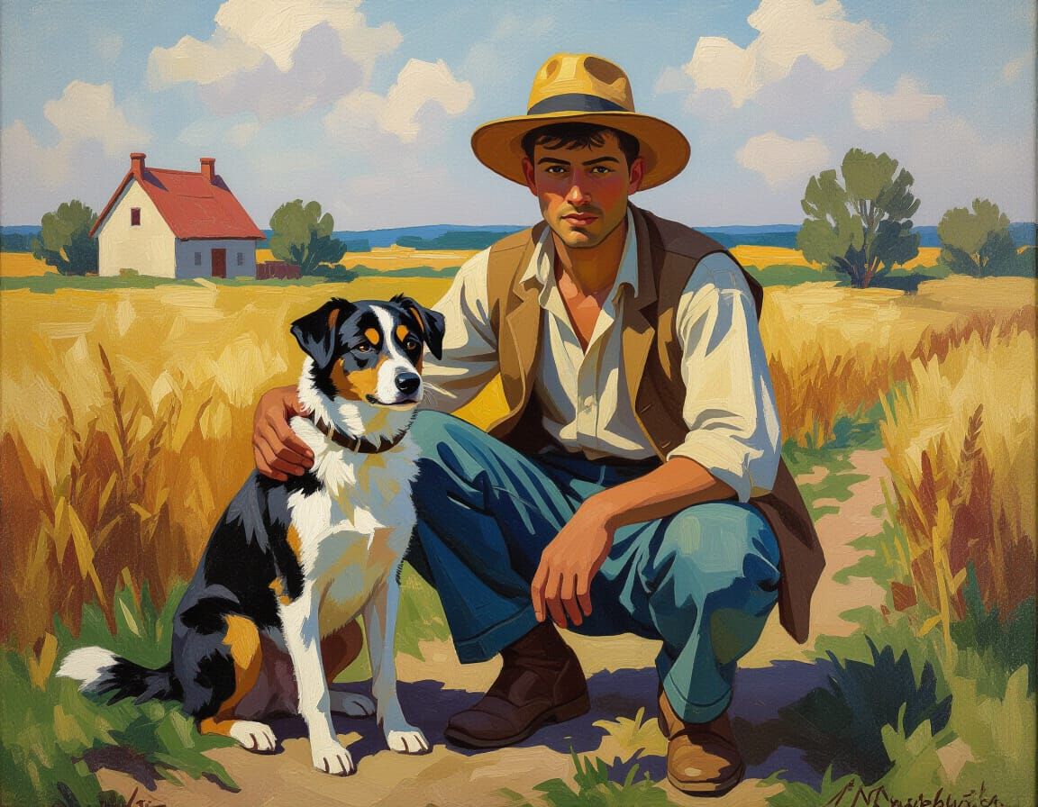 Peasant and Dog in Neo-Impressionist Oil Painting