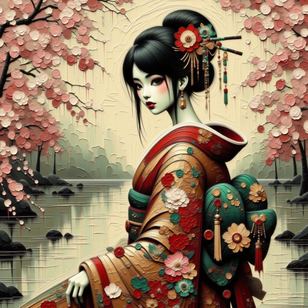 Geisha in Japanese Garden During Cherry Blossom Season