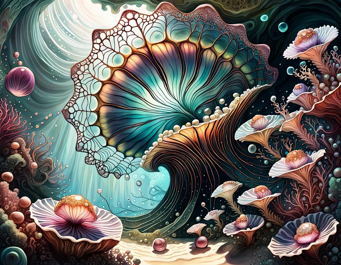 Intricate Fractal Flowers and Sea Creatures in Watercolour