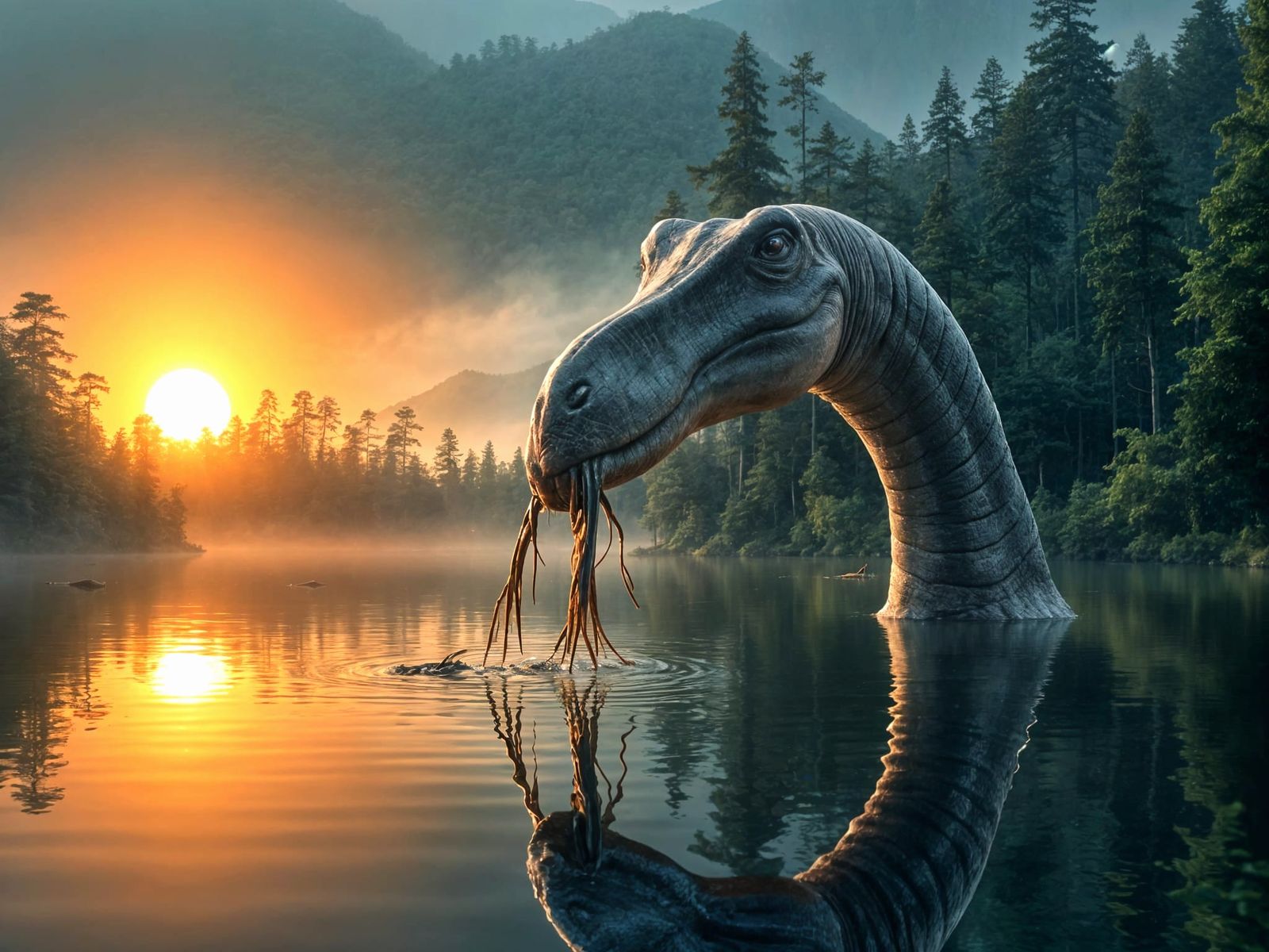 Diplodocus Rises from the Lake in a Tropical Jungle Scene