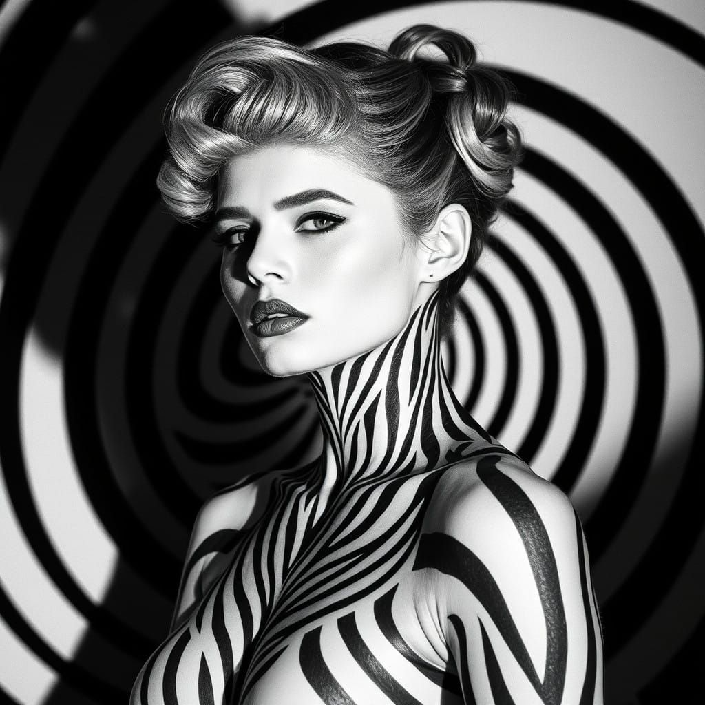 Surreal Woman Emerges from Hypnotic Stripes in Black and Whi...