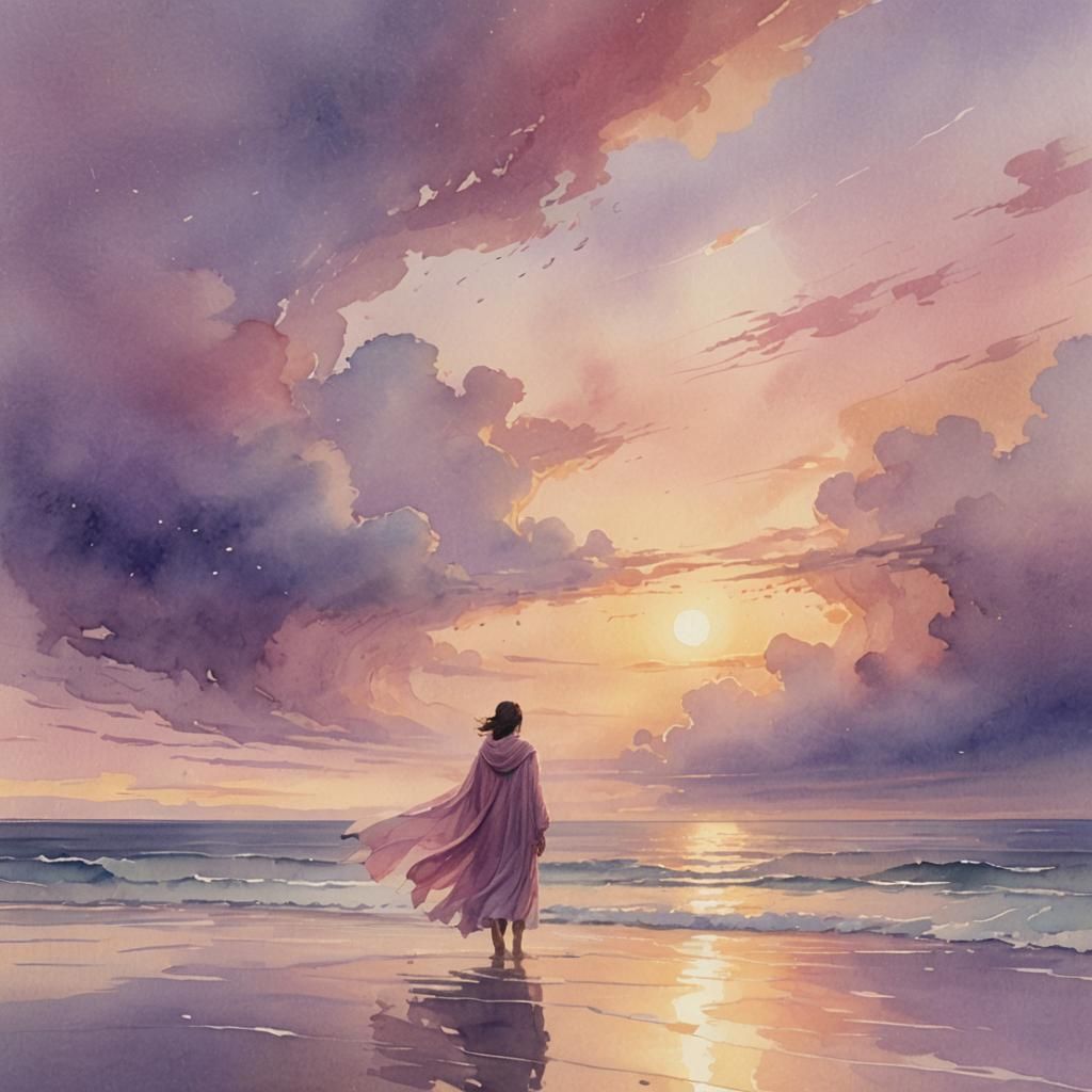 Ethereal Figure at Ocean's Edge: Watercolor Art