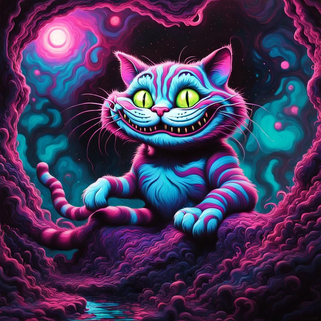 Psychedelic "Cheshire cat" from Alice in wonderland galaxy trippy scene- blacklight neon glow trippy, fantasy