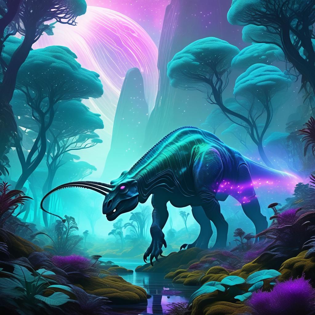 Iguanodon Aliens in Iridescent Exoplanet Forest
