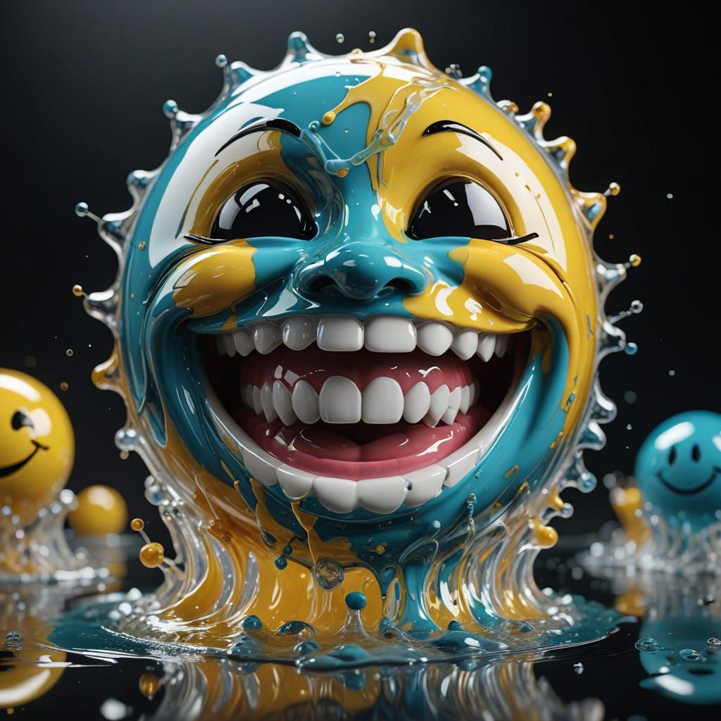 Hyperrealistic splash art, close-up of a transparent, abstract smiley sculpture made of porcelain and glass. Sharp focus...