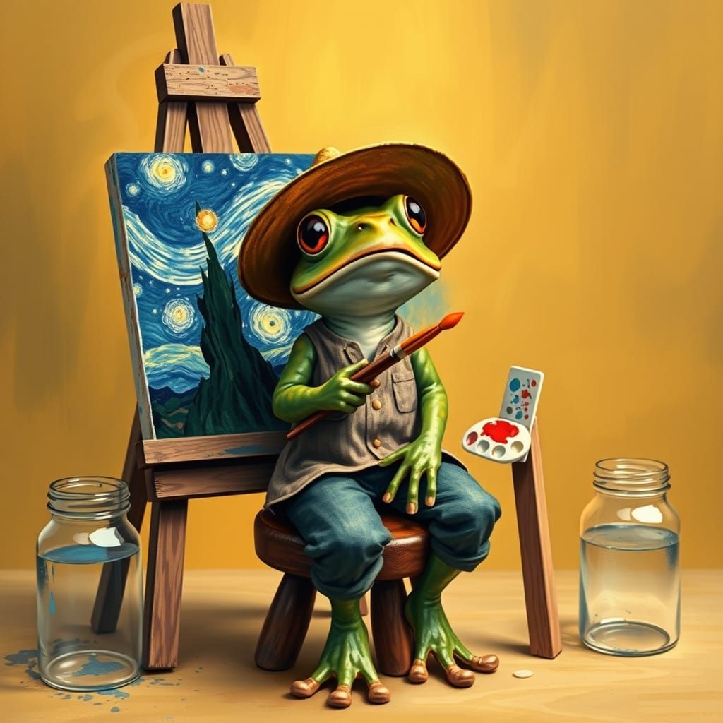 Frog Paints Whimsical Van Gogh-Inspired Masterpiece