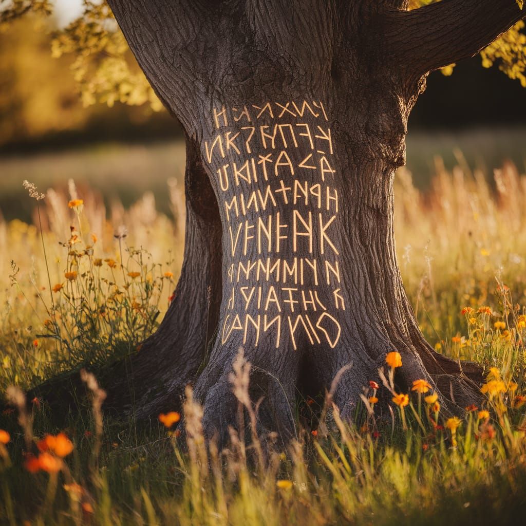 Slavic Runes Etched in Ancient Oak Tree