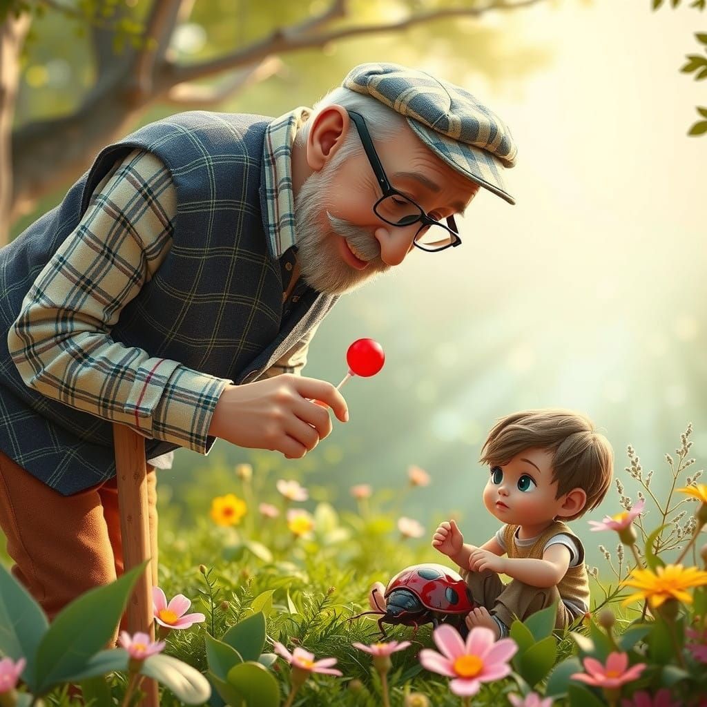 Warm Gentle Elderly Man with a Child in a Whimsical Landscap...