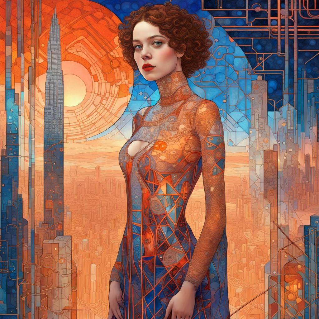 Glass Skin Girl in Klimt-Style Cityscape