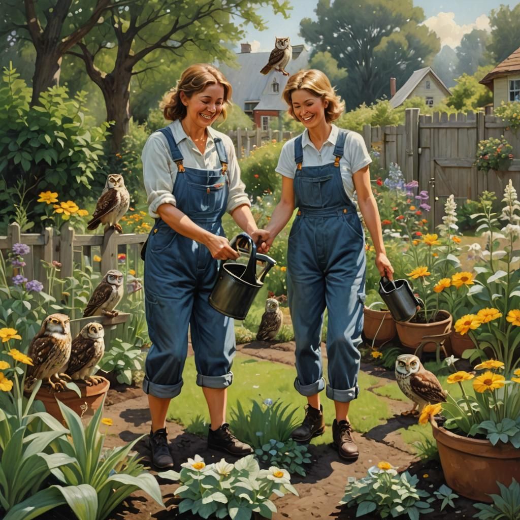 Woman Gardening Owls: An Oil Painting