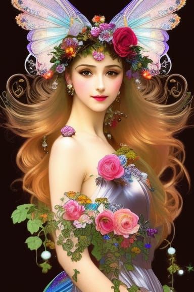 Gorgeous Fairy Dancer in Lush Garden: Alphonse Mucha Style