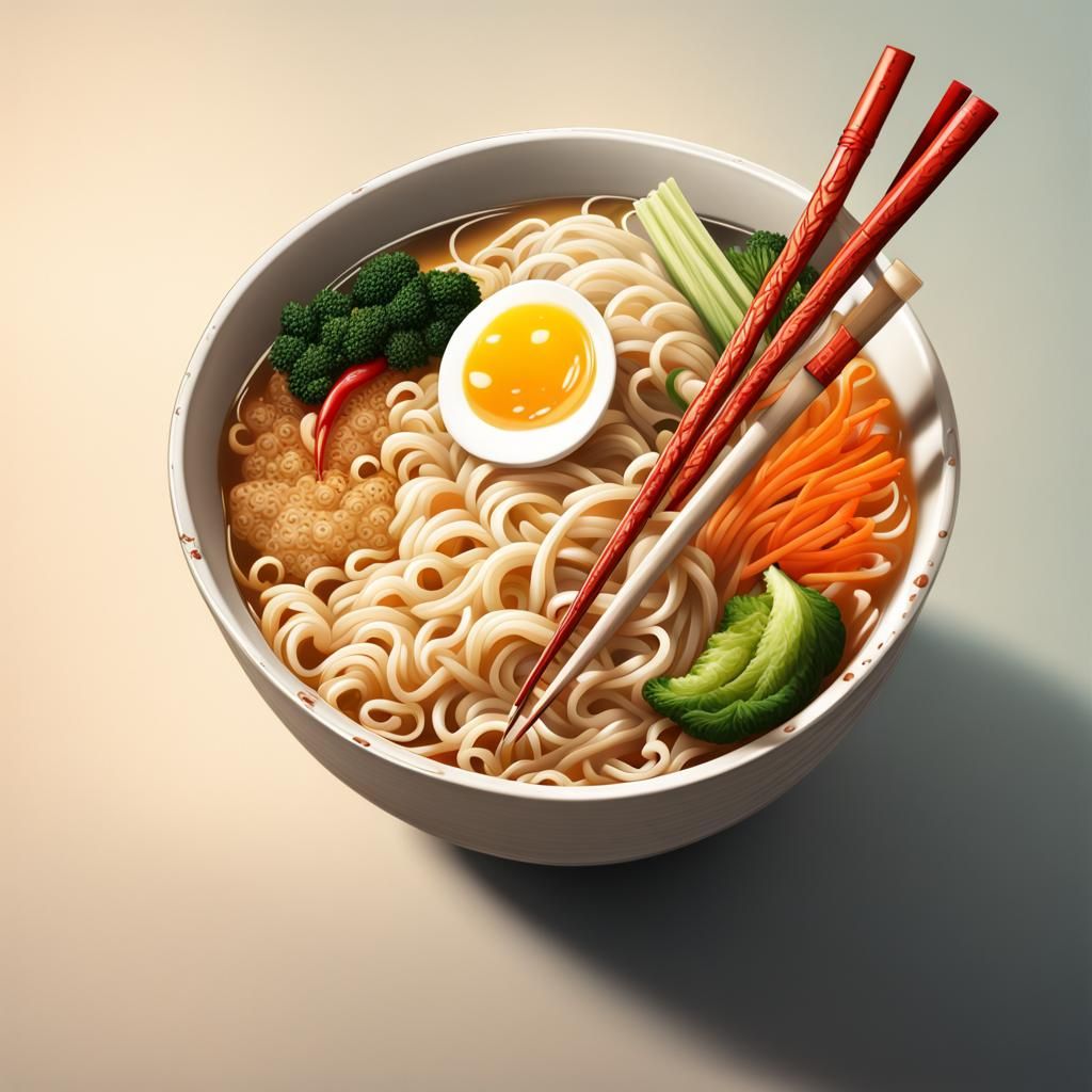 Hyperrealistic Ramen Bowl with Chopsticks and Vegetables