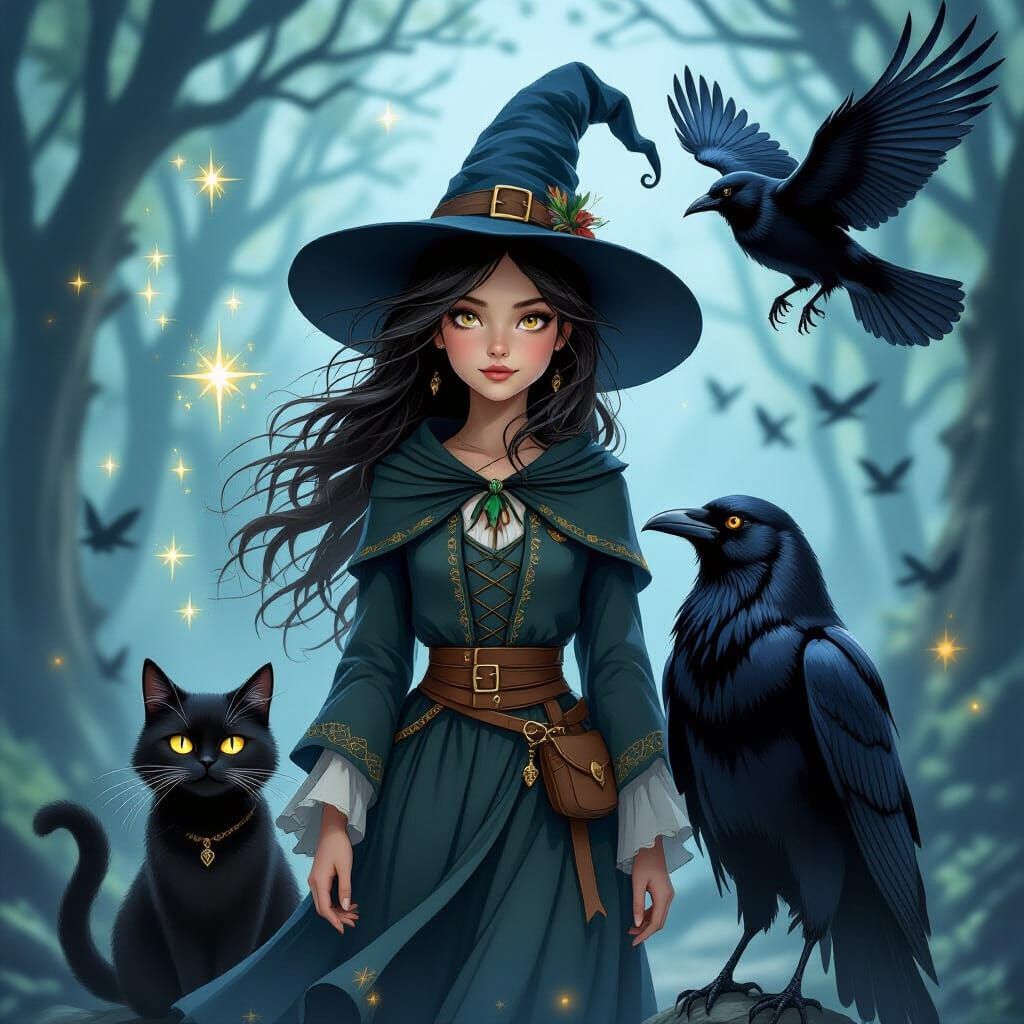 Beautiful Witch and Companions in Mystical Landscape