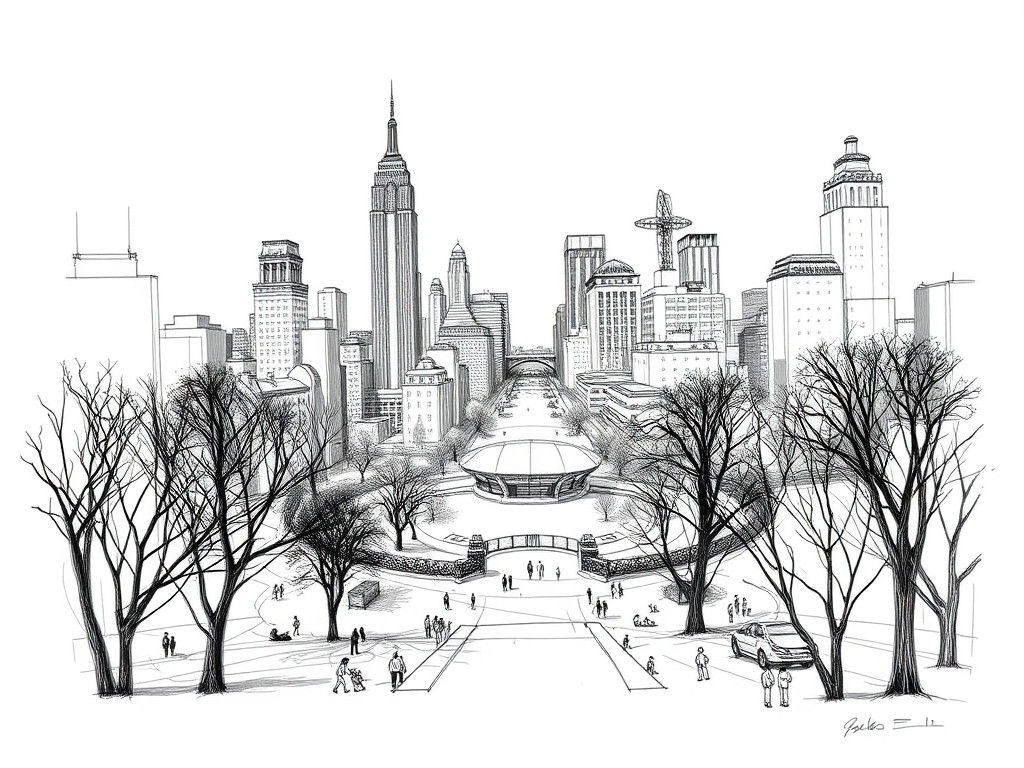 Futuristic Central Park: Detailed Pencil and Ink Sketch