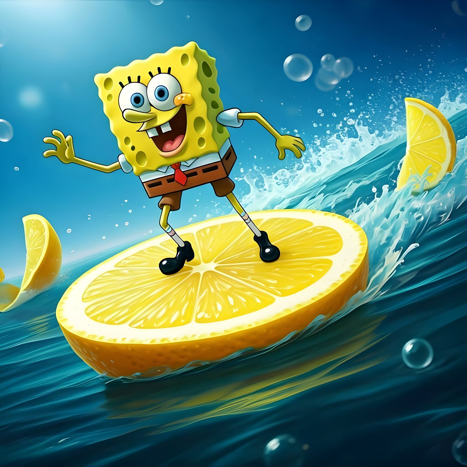 Spongebob Surfing Lemon Slice in Lemonade Sea