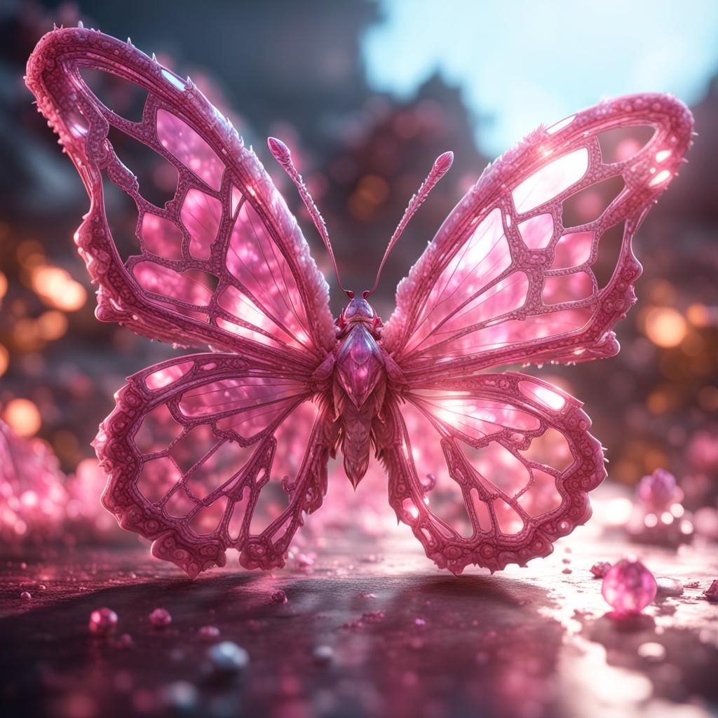 Crystallized Pink Butterfly in 3D Game Style