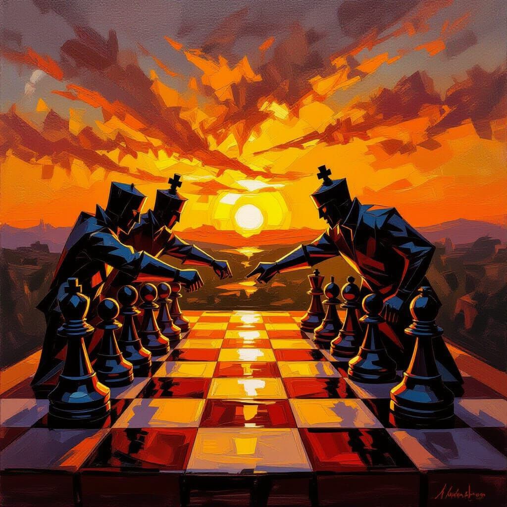 Chess Pieces Battle at Sunset Oil Painting