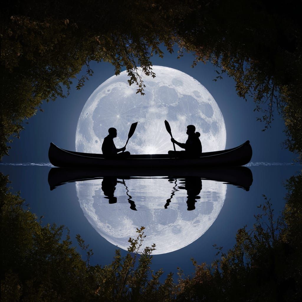 Mirrored Silhouette of a Cove with a canoe with a couple pas...