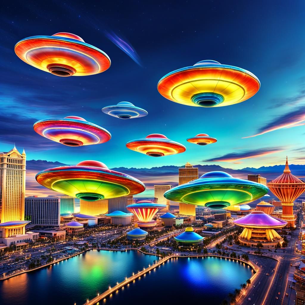 Flying Saucers Over Las Vegas in Hyperrealistic Style