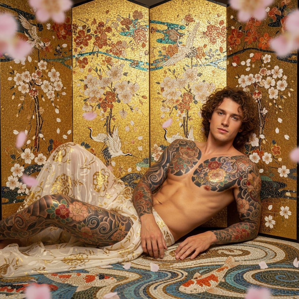 Man Reclining Against Golden Mosaic Screen