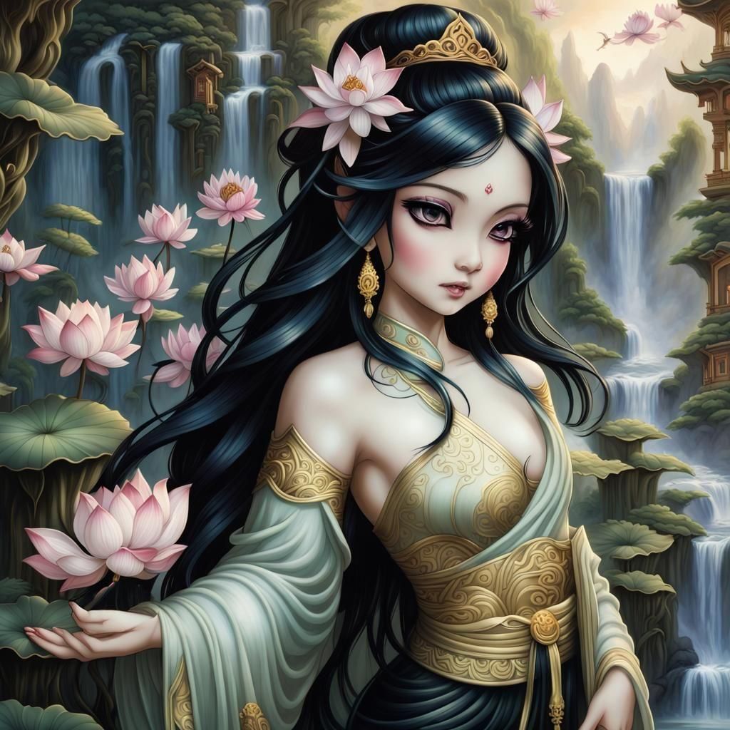 Kuan Yin Goddess with Lotus Flowers, Ink Art