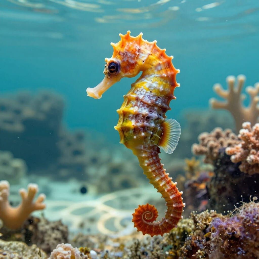 Vibrant Seahorse Swims Through Coral Reef in Realistic Digit...
