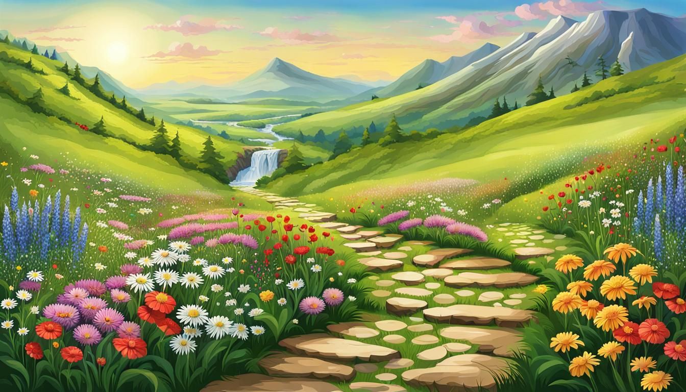 Picturesque Meadow Path with Waterfall and Hills