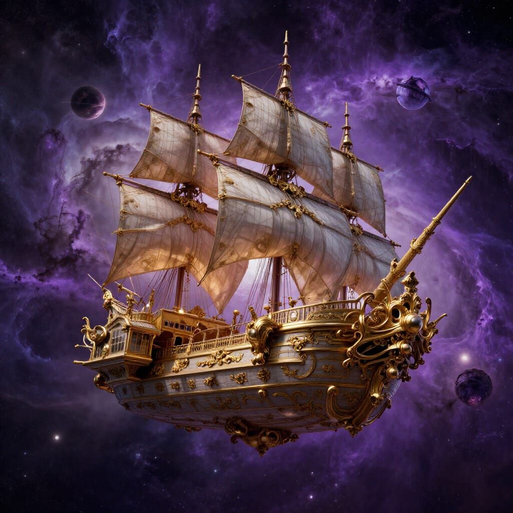 Baroque Spaceship Soaring Through Purple Nebula