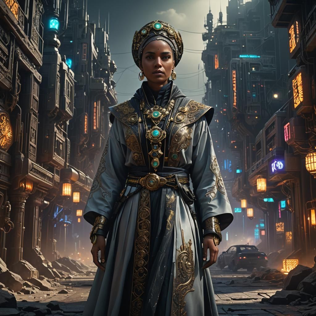 Cyberpunk Woman in Dark Futuristic Cityscape