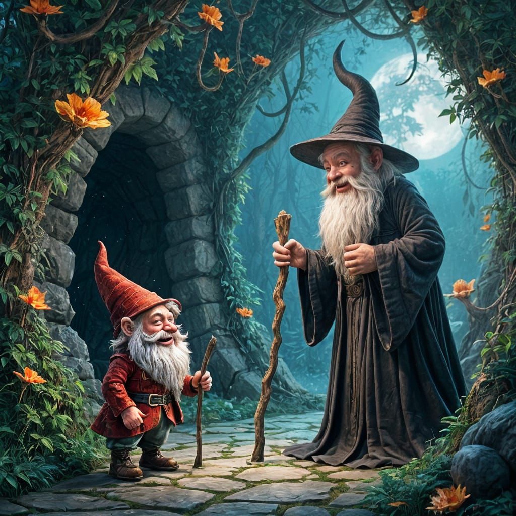 Gnome and Wizard Portrait in Magical Forest