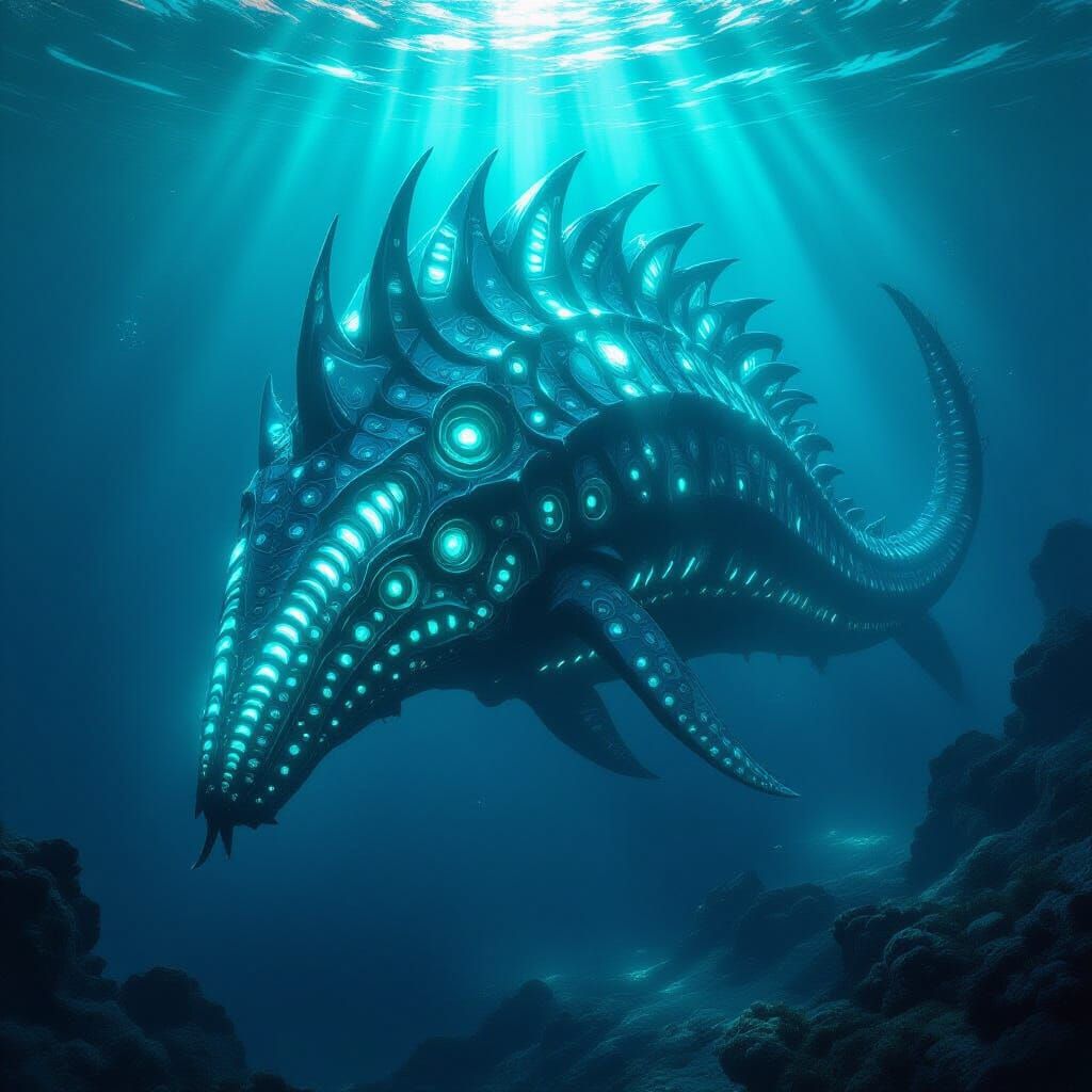Colossal Bioluminescent Sea Creature in Deep Sea Fantasy Art...