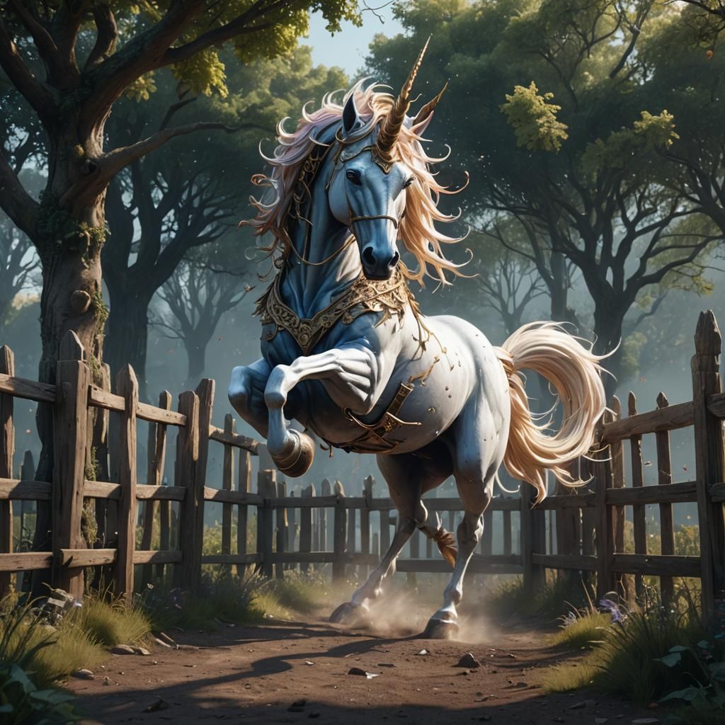 Unicorn with 2 horns, 7 legs, jumping under a fence