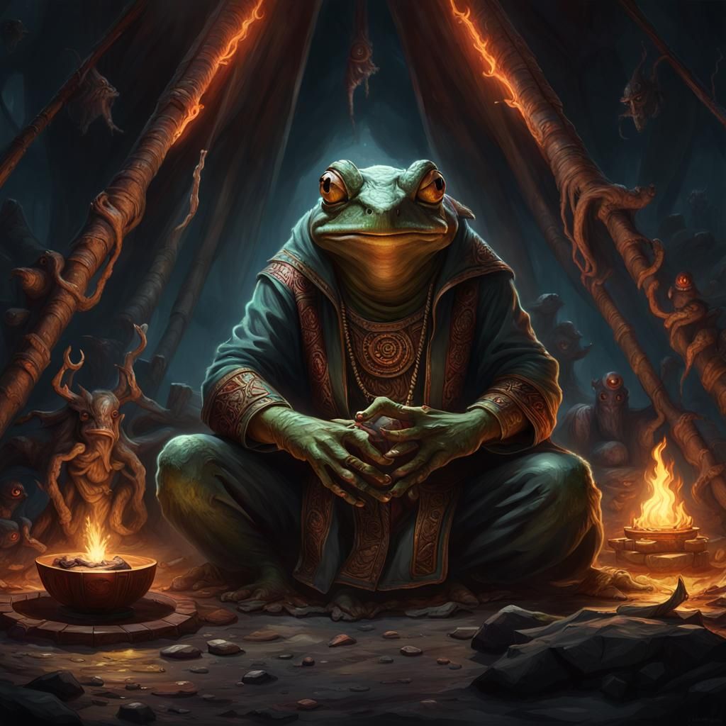 Frog Person Summons Elder God: Dark Fantasy Art