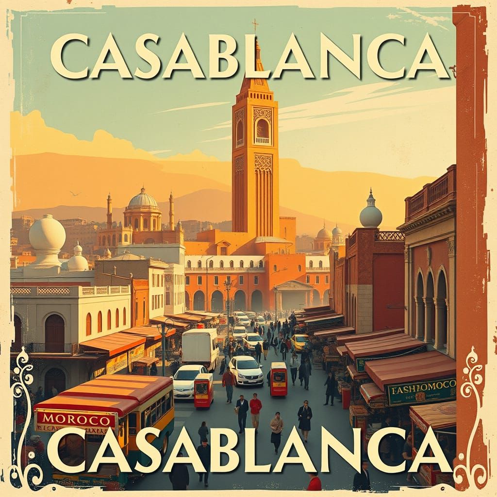 Casablanca Morocco Vintage Travel Poster Art Deco Style