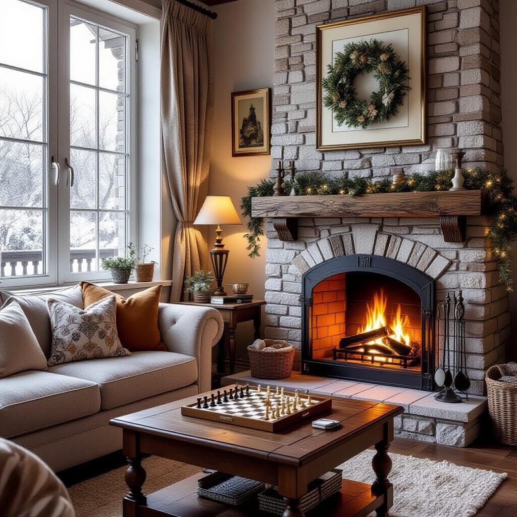 Charcoal Drawing of Chess Game by Fireplace