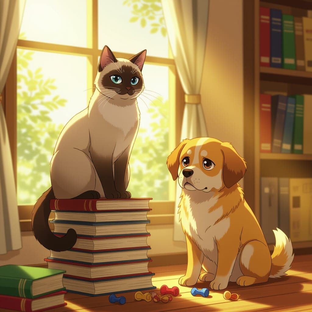 Regal Siamese Cat Over Dejected Golden Retriever Anime