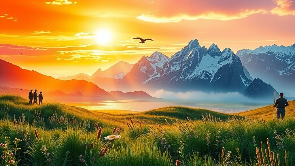 Impressionist Landscape with Emerald Meadow and Snow-Capped ...