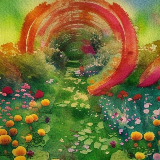 Dreamlike Secret Garden Watercolor Painting with Golden Rati...