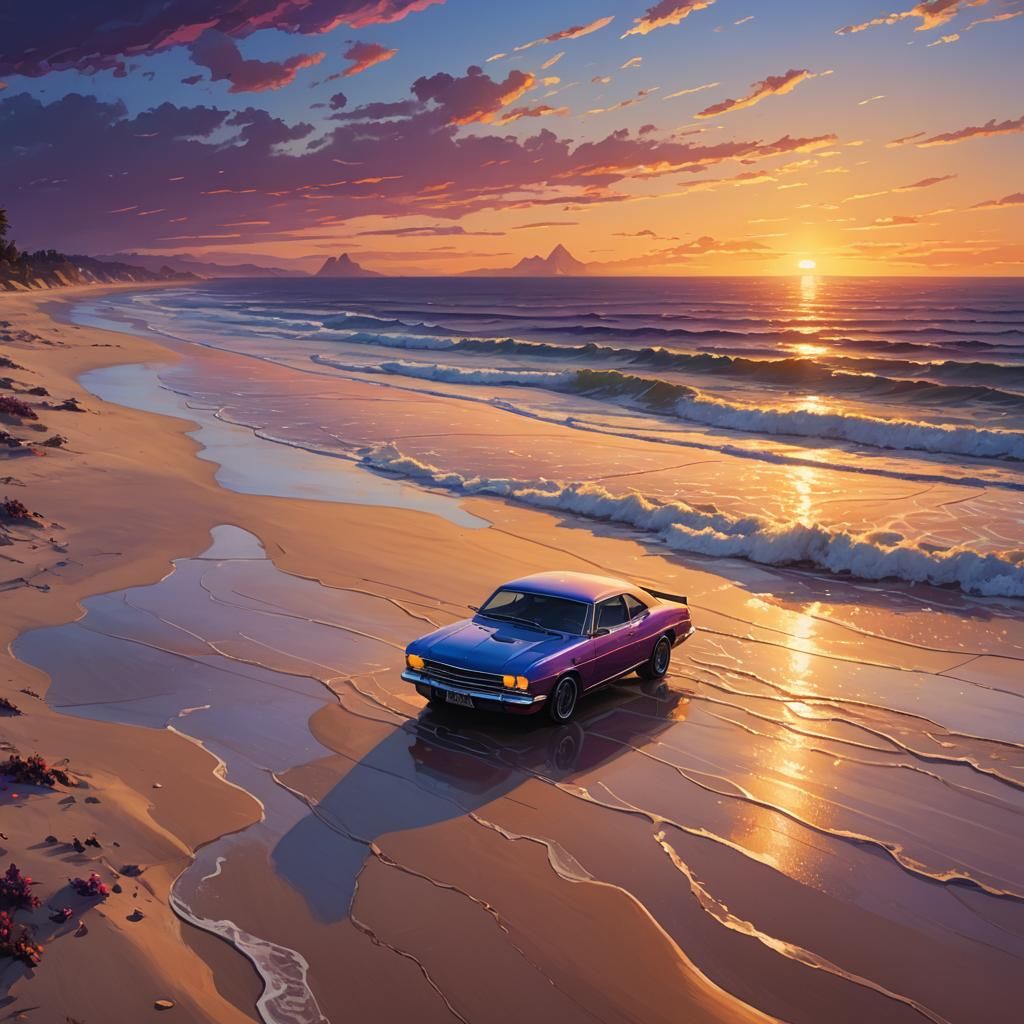 Futuristic Cars on Beach at Sunset, Concept Art