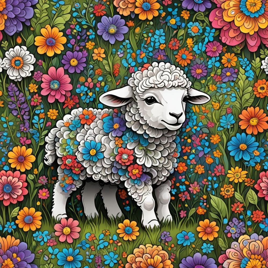 Baby Sheep Grazing in Flower Field with Fractal Elements