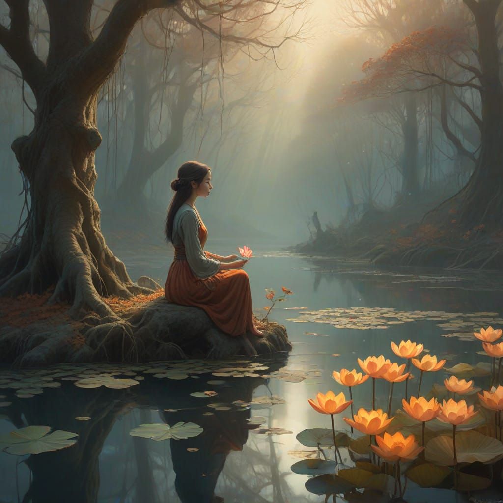 Serene Mystic Releases Lotus into Tranquil Pond